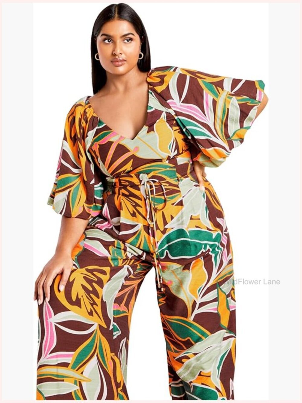 Plus Size V-Neck Flared Sleeve Blouse Top, Relaxed Fit, Printed, Hand Wash Rayon